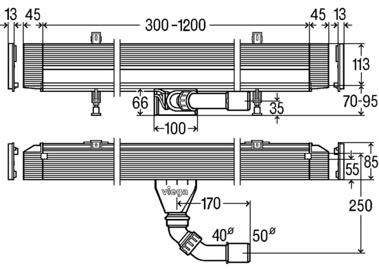 Стенен сифон Viega Advantix Vario SLIM 30-120 см. технически чертеж, размери и монтажни отвори за онлайн магазин KERANOVA