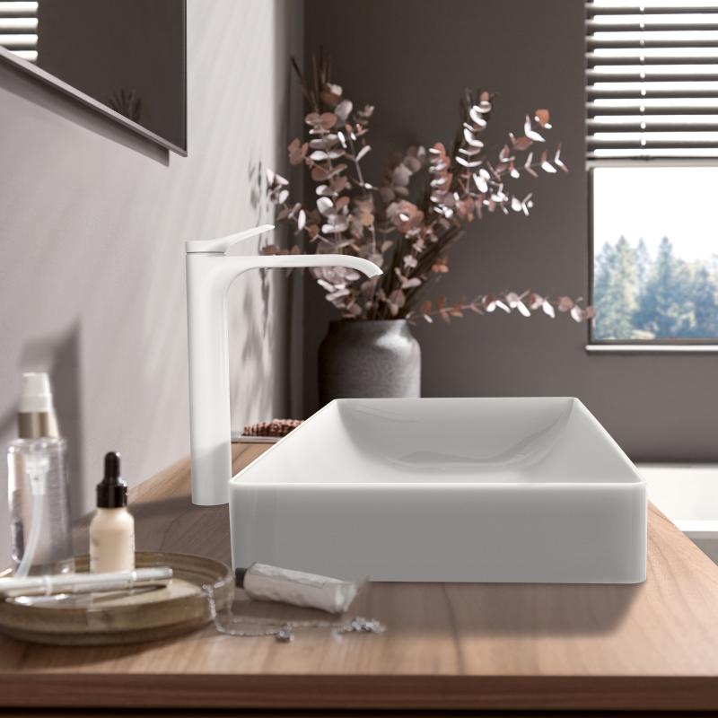 Hansgrohe Vivenis 250 за мивка - бял мат висок смесител за мивка ComfortZone 250, водоспестяващ дизайн за баня KERANOVA