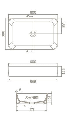 Мивка за плот Hera 60х38 см. Turkuaz Seramik 60x38x12,5 см монтаж върху плот - KERANOVA онлайн магазин