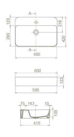 Мивка за плот Hera 60х42 см. - технически чертеж и размери 60x42x12,3 см, монтаж върху плот, Turkuaz Seramik, онлайн магазин KERANOVA