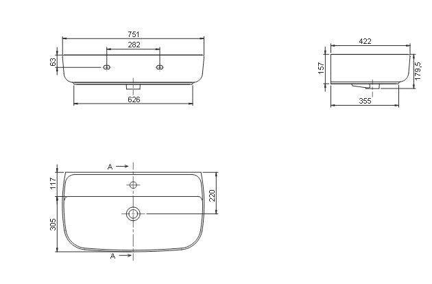 Мивка за плот Aqua 75х42 см. технически чертеж с размери 75,1×42,2×15,7 см от Turkuaz Seramik, онлайн магазин KERANOVA