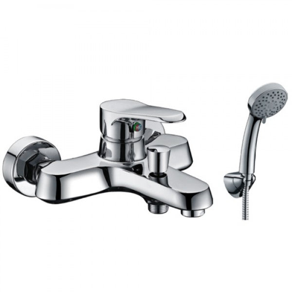 Смесител за вана/душ Zoe стенен хром с чучур, слушалка, шлаух и държач – онлайн магазин за обзавеждане за бани KERANOVA