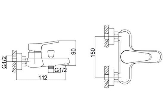 Смесител за вана/душ Zoe стенен с чучур, слушалка, шлаух и държач – техническа схема и размери, онлайн магазин KERANOVA