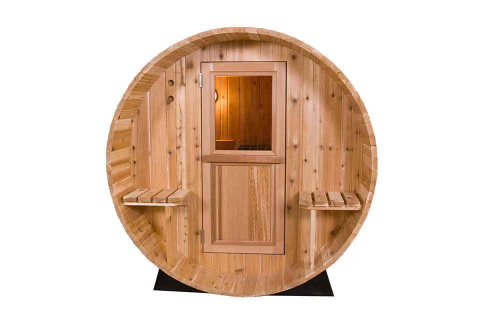 Градинска сауна Rustic от червен кедър 245x185x200 см - 7+1FT дървена барел сауна предна врата, външен/вътрешен монтаж - KERANOVA