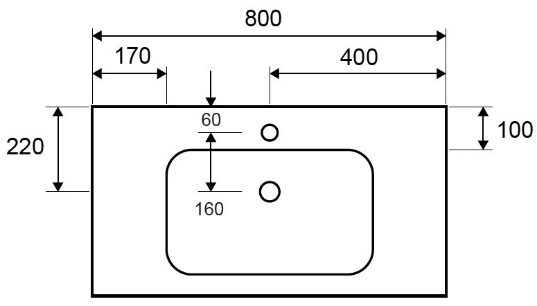 Мебелна мивка Eloise 80х46 см. – схема с размери 800x460 мм, едно корито, отвор за смесител и отвори за изпускане, онлайн магазин KERANOVA