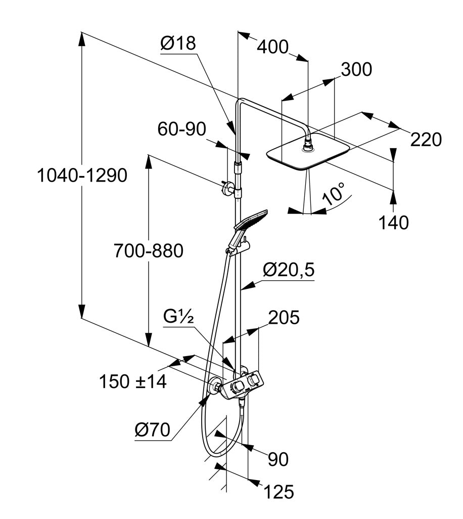 Термостатична душ система Kludi Cockpit Explorer Chrome - технически чертеж с размери за онлайн магазин KERANOVA