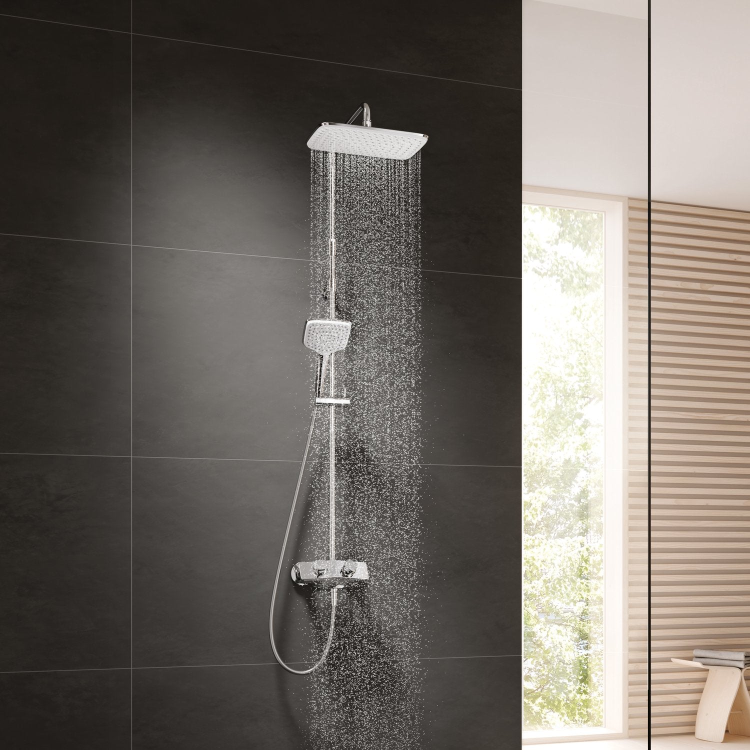 Термостатична душ система Kludi Cockpit Explorer Chrome – душ колона с термостат, квадратна душ глава 220x300 мм, ръчен душ, KERANOVA