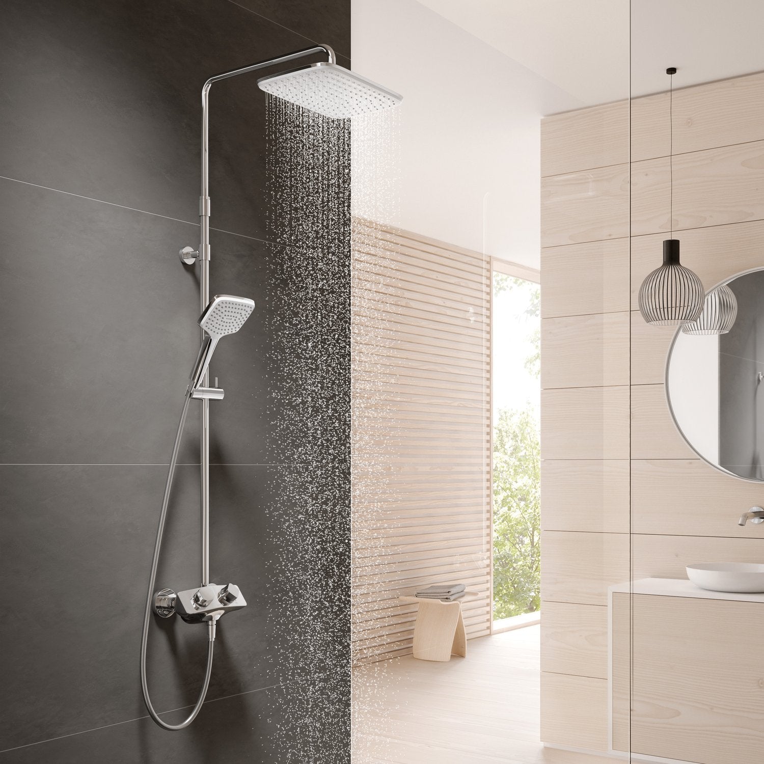 Термостатична душ система Kludi Cockpit Explorer Chrome в съвременна баня, квадратна душ глава и ръчен душ - KERANOVA онлайн магазин