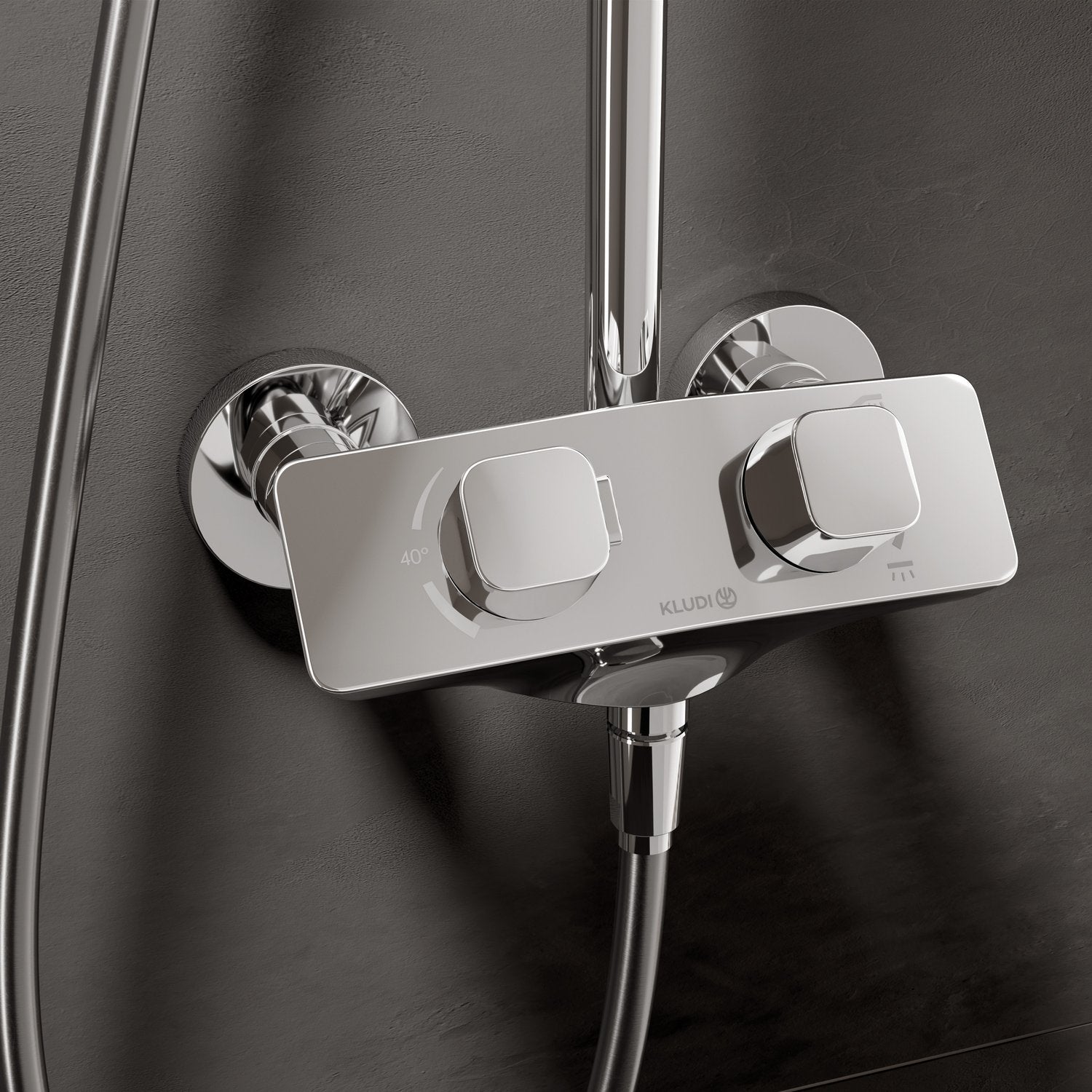 Термостатична душ система Kludi Cockpit Explorer Chrome - хромирана душ батерия с термостат, квадратна глава и ръчен душ за KERANOVA