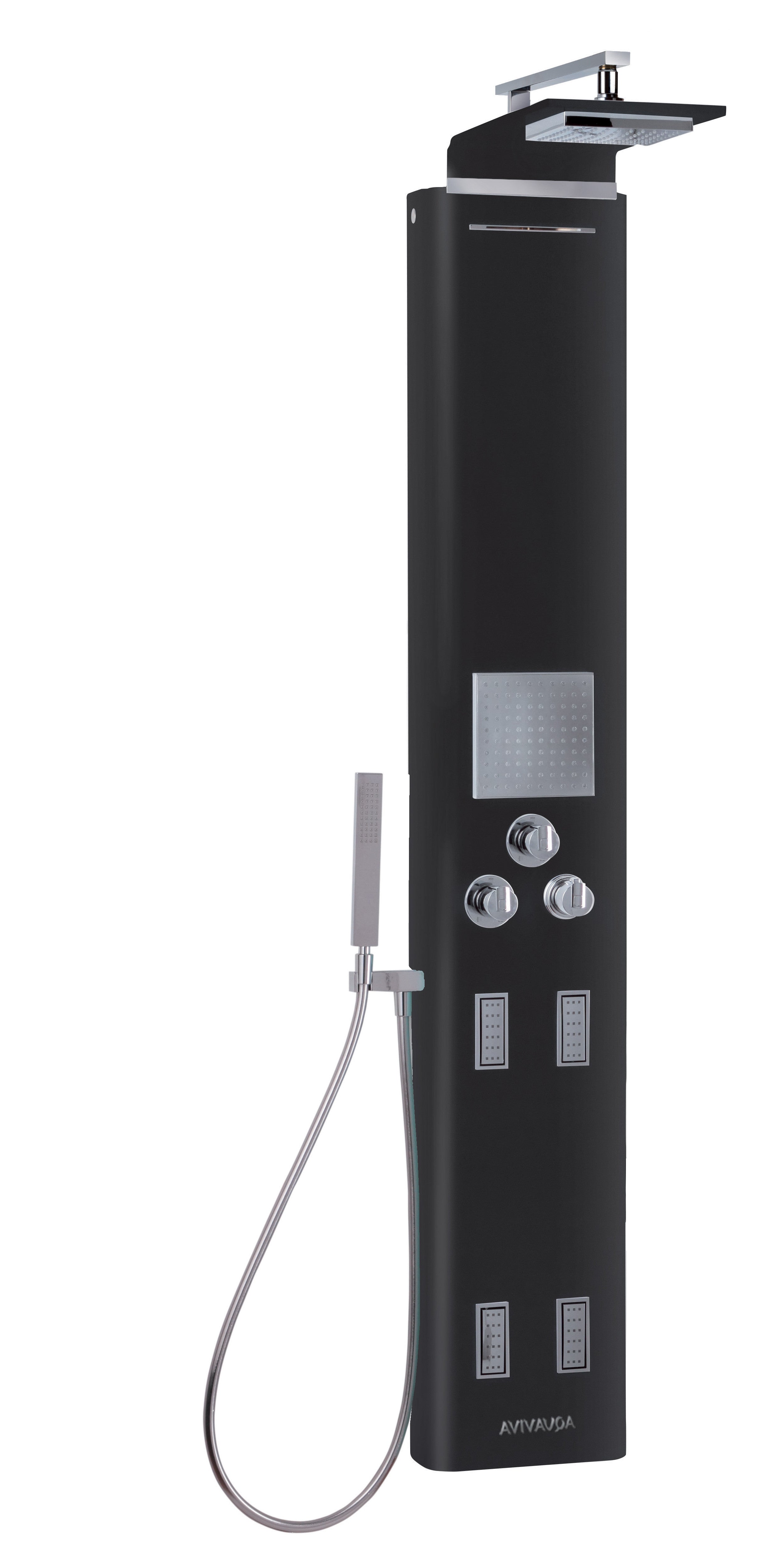 Aquastar B/W - Aquaviva черен хидромасажен душ панел 26x162 см с термостат, дъждовен стационарен душ, ръчен душ — онлайн магазин KERANOVA