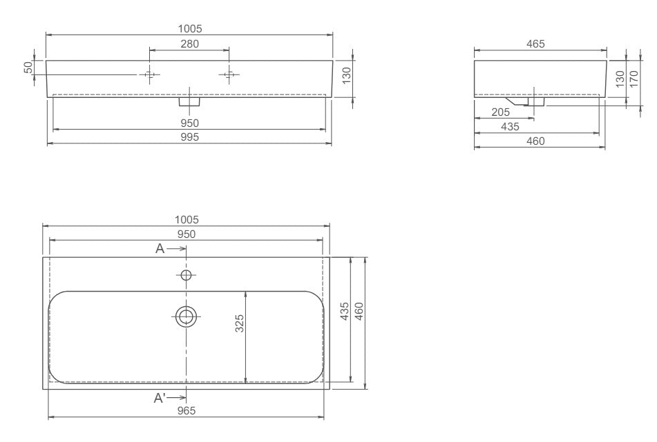 Мивка за плот Pinto 100х46 см. технически чертеж с размери 1005х460х130 мм за монтаж върху плот или стена - KERANOVA онлайн магазин
