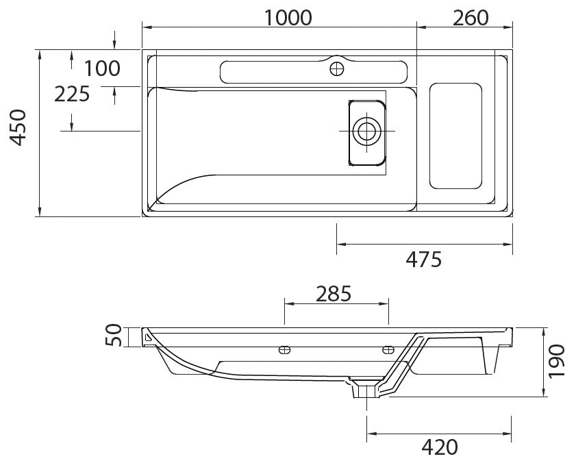 Мивка Quattro за мебел 100 см. технически чертеж с размери 100x45x19 см, отвор за смесител, модел Quattro за онлайн магазин KERANOVA