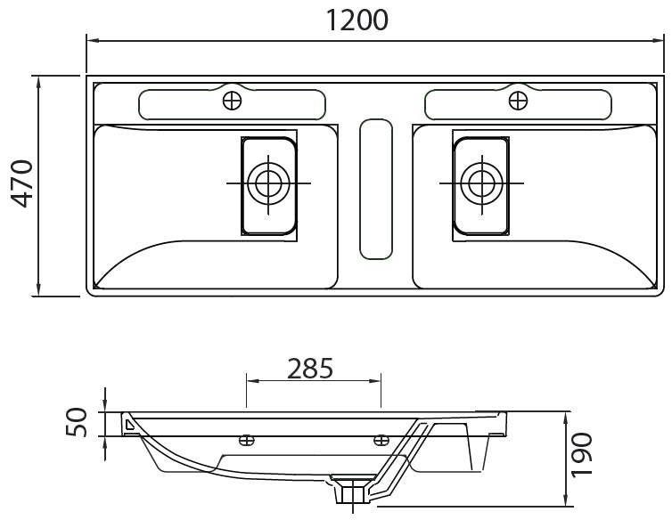 Двойна мивка Quattro за мебел 120 см. - мебелна мивка 120x47x19 см с две корита и отвори за смесители, онлайн магазин KERANOVA