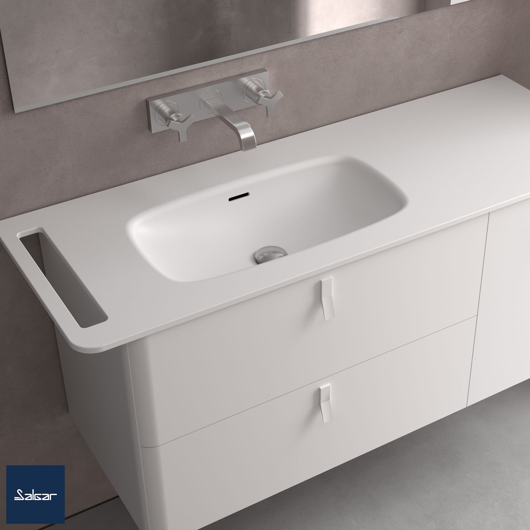Мебелна мивка UNIIQ 129х46 см. с едно корито, матирана повърхност и опция за кърподържач.