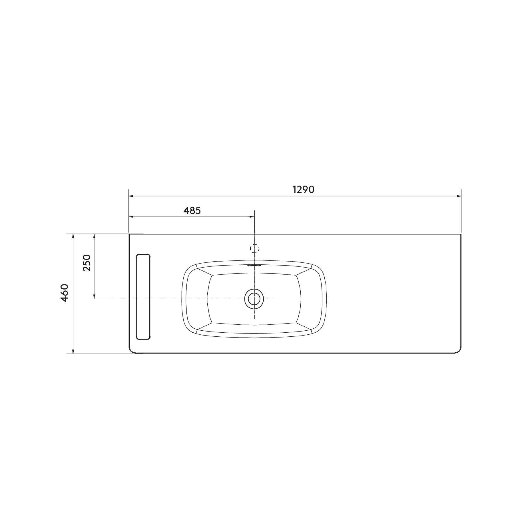 Мебелна мивка UNIIQ 129х46 см. схема с размери 1290x460x250 мм.