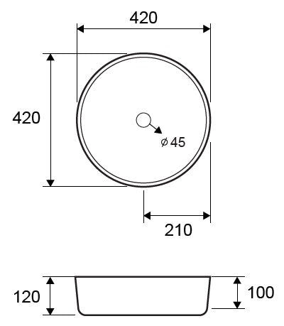 Стъклена мивка A 5006 GLASS 42х42 см. черна кръгла мивка с технически размери 42x42x12 см и отвор Ø45 мм - онлайн магазин KERANOVA