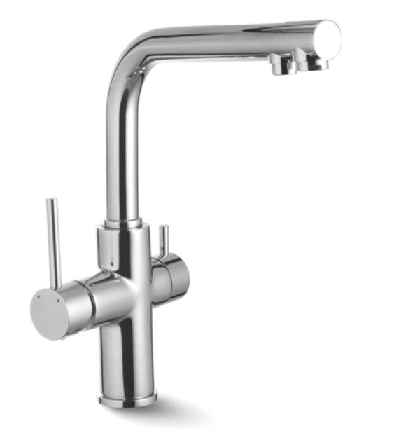 Кухненски смесител A-86 с две захранвания - хром, двойни ръкохватки, италиански дизайн за онлайн магазин KERANOVA