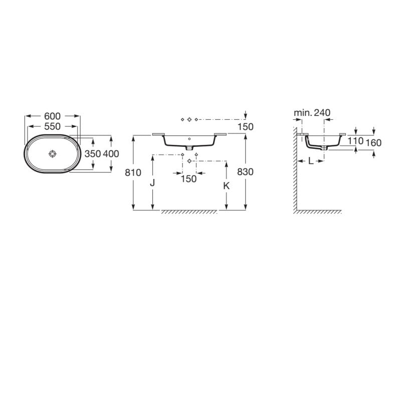 Roca The Gap мивка за под плот 60х40 см. технически чертежи и размери за монтаж – KERANOVA онлайн магазин