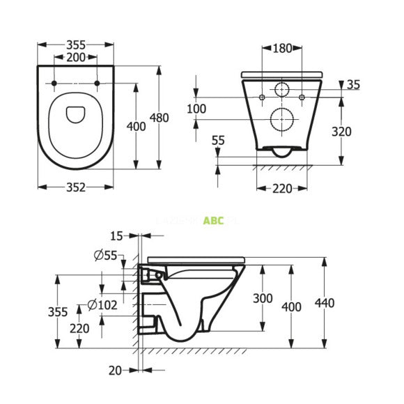 Rimless конзолна тоалетна GAP Compact Round 48 см. Roca - технически чертеж с размери за монтаж, схема и височини за KERANOVA онлайн магазин
