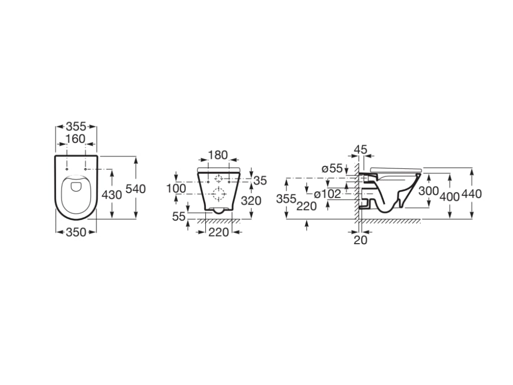 Rimless конзолна тоалетна THE GAP Round Roca - технически размери и монтажни схеми за онлайн магазин KERANOVA