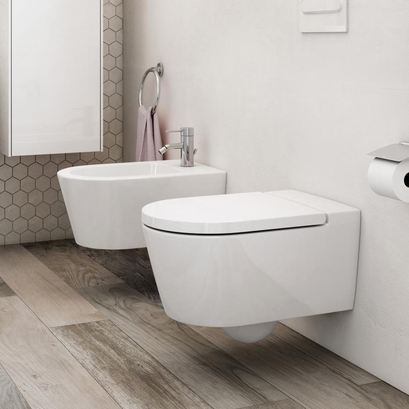 Rimless конзолна тоалетна Inspira Round Roca - окачена бяла порцеланова тоалетна с капак със забавено падане в модерен баня KERANOVA