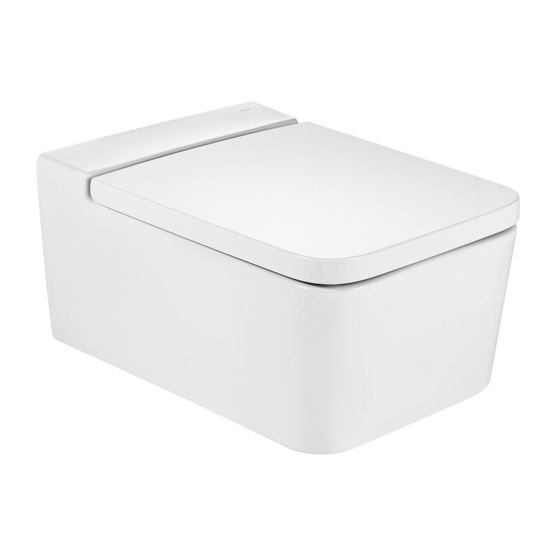 Rimless конзолна тоалетна Inspira Square Roca - бяла порцеланова окачена тоалетна за дизайнерски бани, седалка със забавено затваряне | KERANOVA