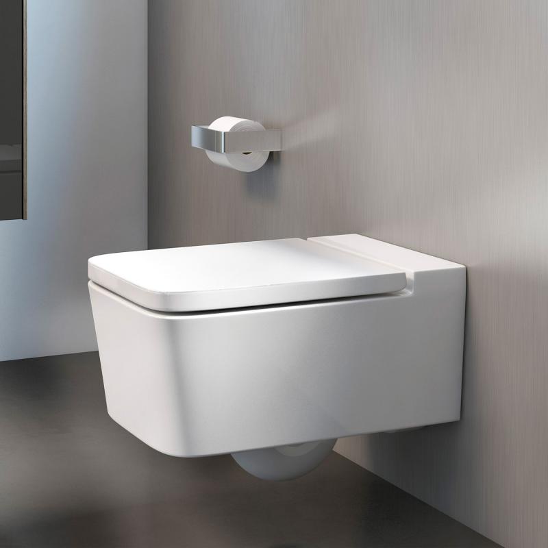 Rimless конзолна тоалетна Inspira Square Roca – бяла порцеланова окачена тоалетна за бани, седалка със забавено падане, онлайн магазин KERANOVA