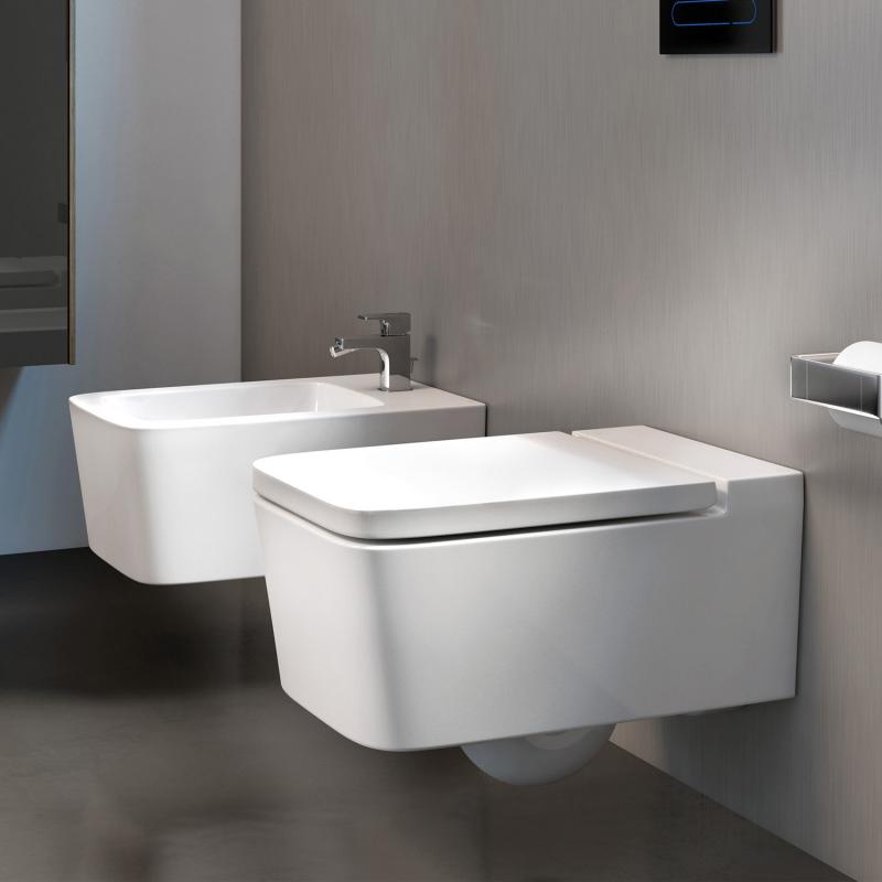 Rimless конзолна тоалетна Inspira Square Roca – луксозен бял модел за окачване, без ръб, за дизайнерски бани в онлайн магазин KERANOVA