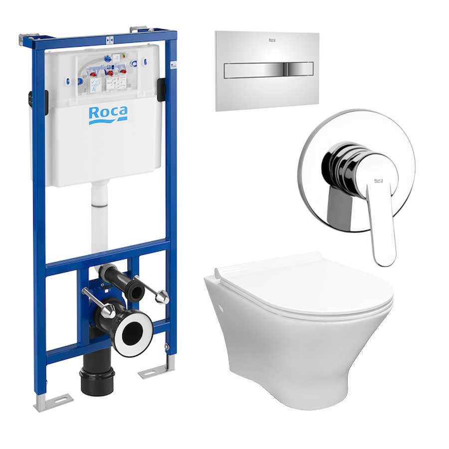 Roca комплект Duplo и тоалетна Nexo Slim с биде и смесител - вградено казанче, окачена тоалетна и смесител за баня KERANOVA