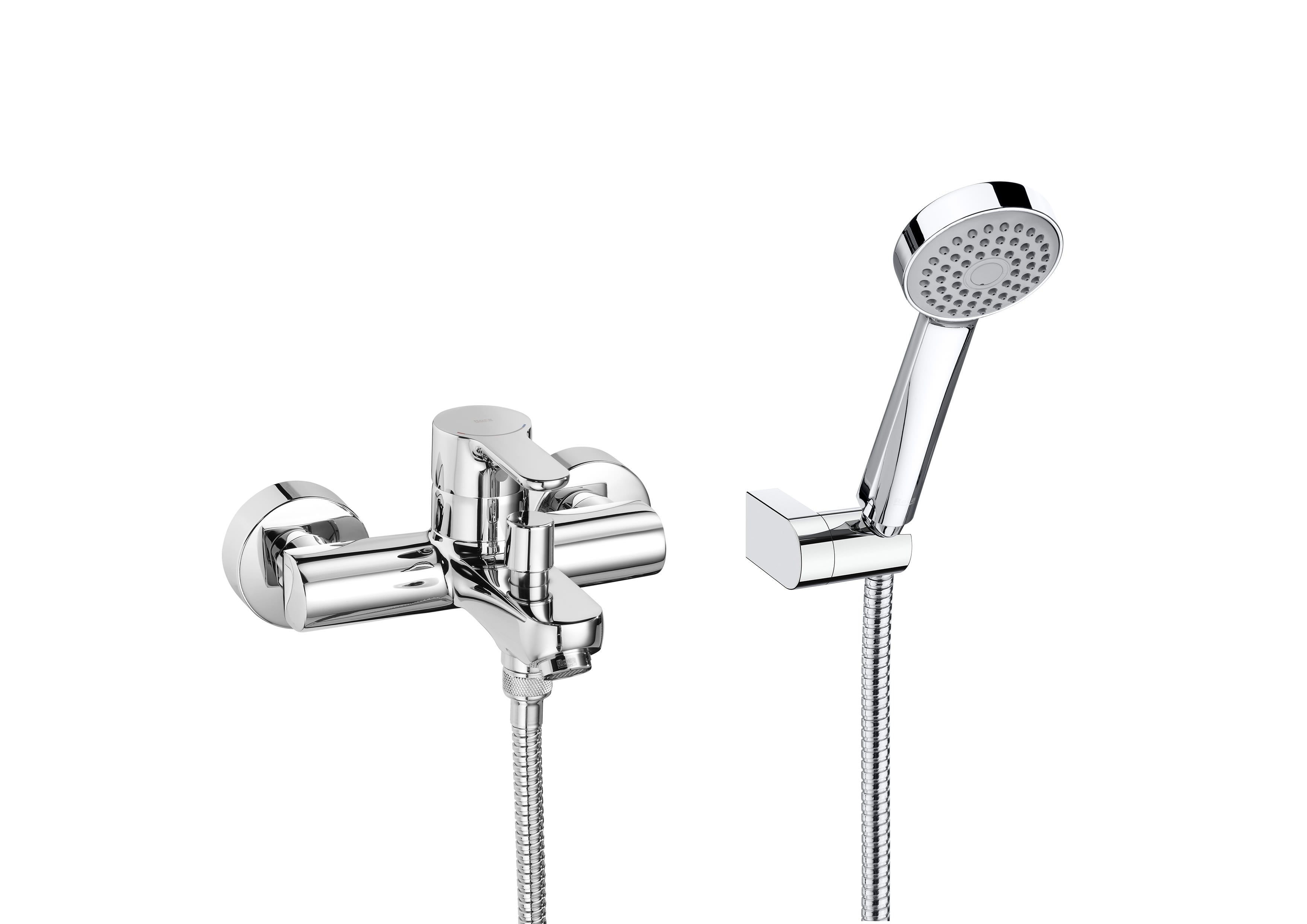 Alt Tag: Roca L20 Стенен смесител за вана/душ с аксесоари хромен едноръкохватков комплект душ слушалка и шлаух KERANOVA