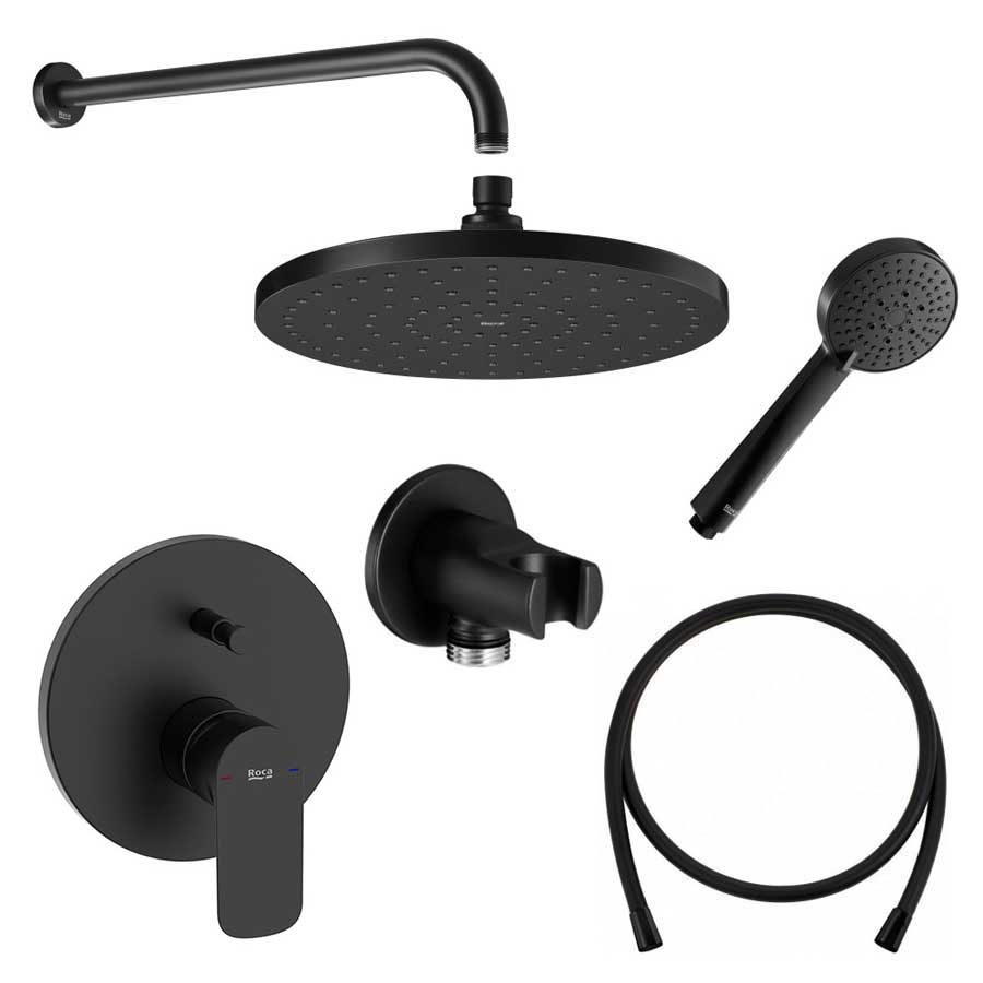 Roca Cala Matt Black - черен мат вграден душ комплект за баня, едноръкохватков смесител и душ пита за онлайн магазин KERANOVA