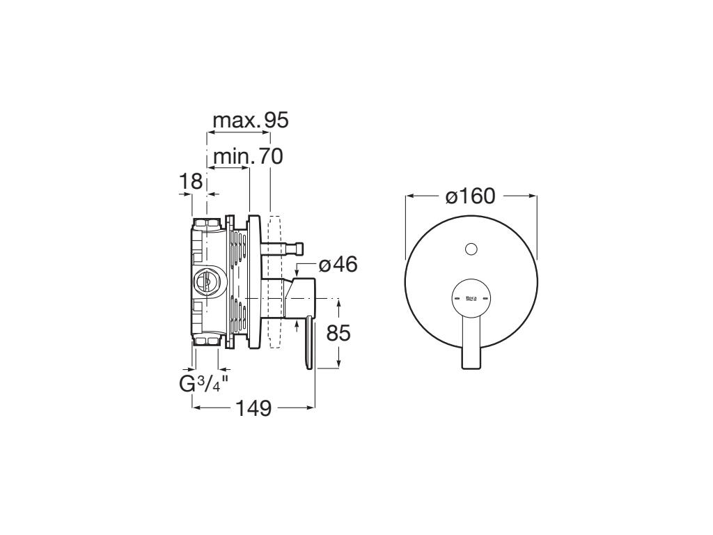 Roca Targa Brushed Brass вграден душ комплект - драскан месинг технически чертеж с размери Ø160, монтажни дълбочини и отвори