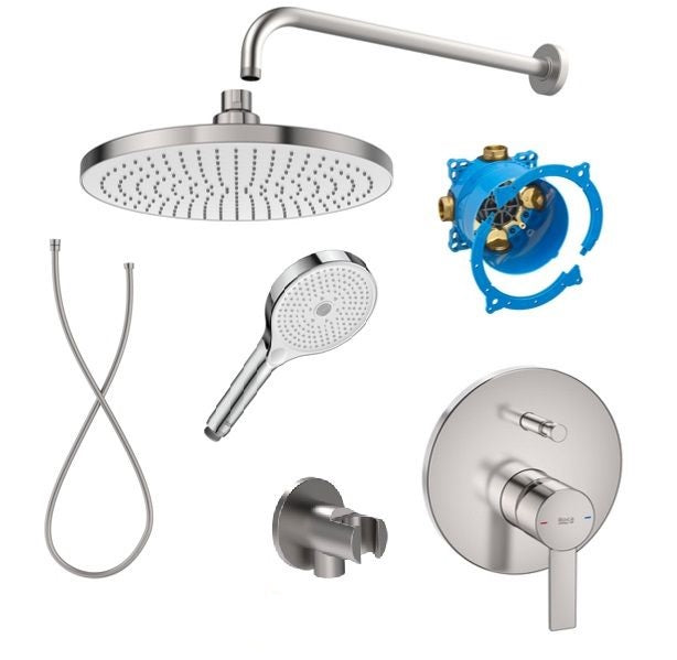 Roca Targa Stainless Steel вграден душ комплект - сатен, комплект вграден душ, глава, ръчен душ, смесител, KERANOVA