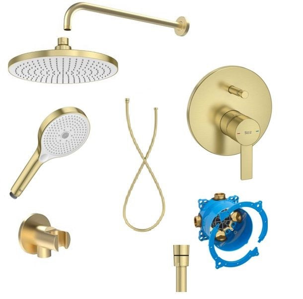 Roca Targa Brushed Brass вграден душ комплект - драскан месинг вграден комплект за баня, главна и ръчна душ слушалка, шлаух, RocaBox