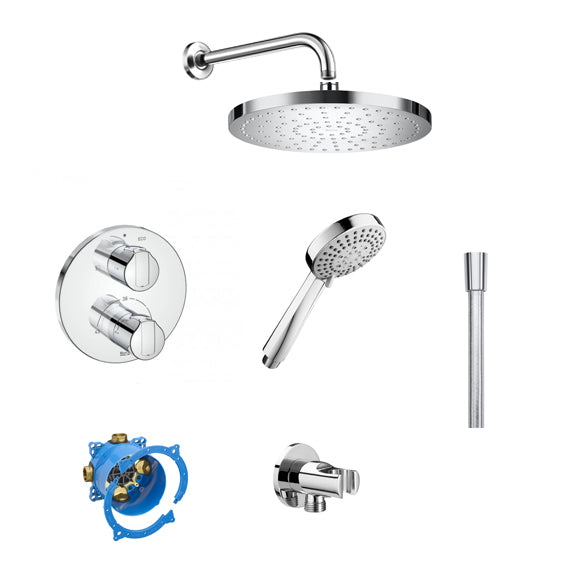 Roca T-1000 Round термостатичен душ комплект за вграждане - хром, кръгла душ глава 130 мм, слушалка 3 функции, вграден смесител KERANOVA