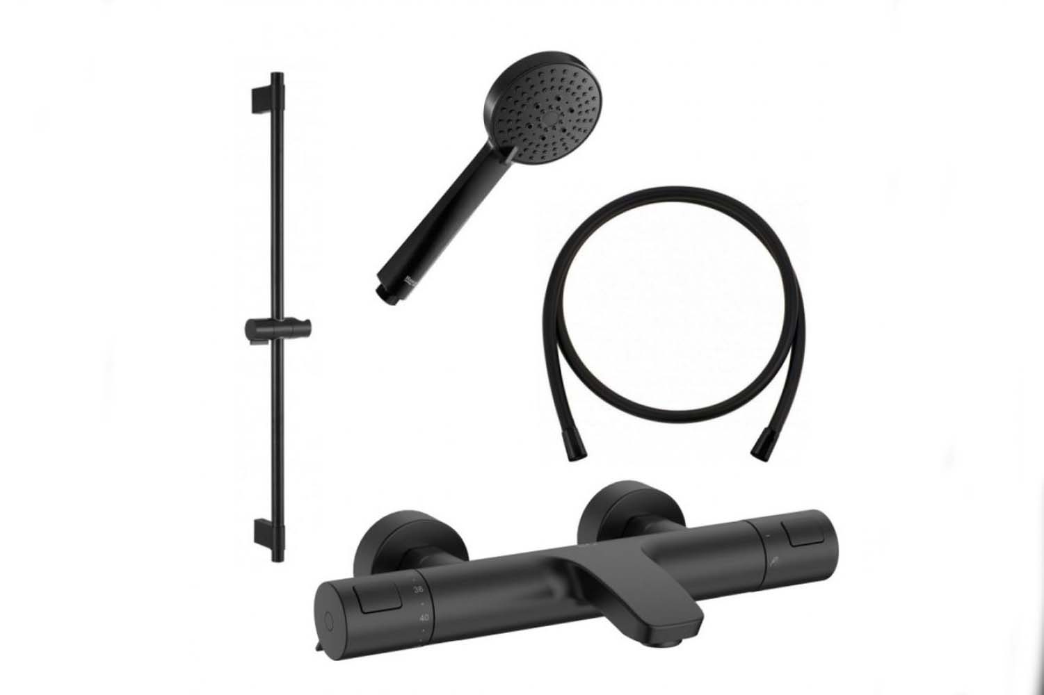 Roca T-500 Matt Black термостатичен смесител с чучур - черен мат за вана, комплект слушалка 3 функции, онлайн магазин за обзавеждане за бани KERANOVA