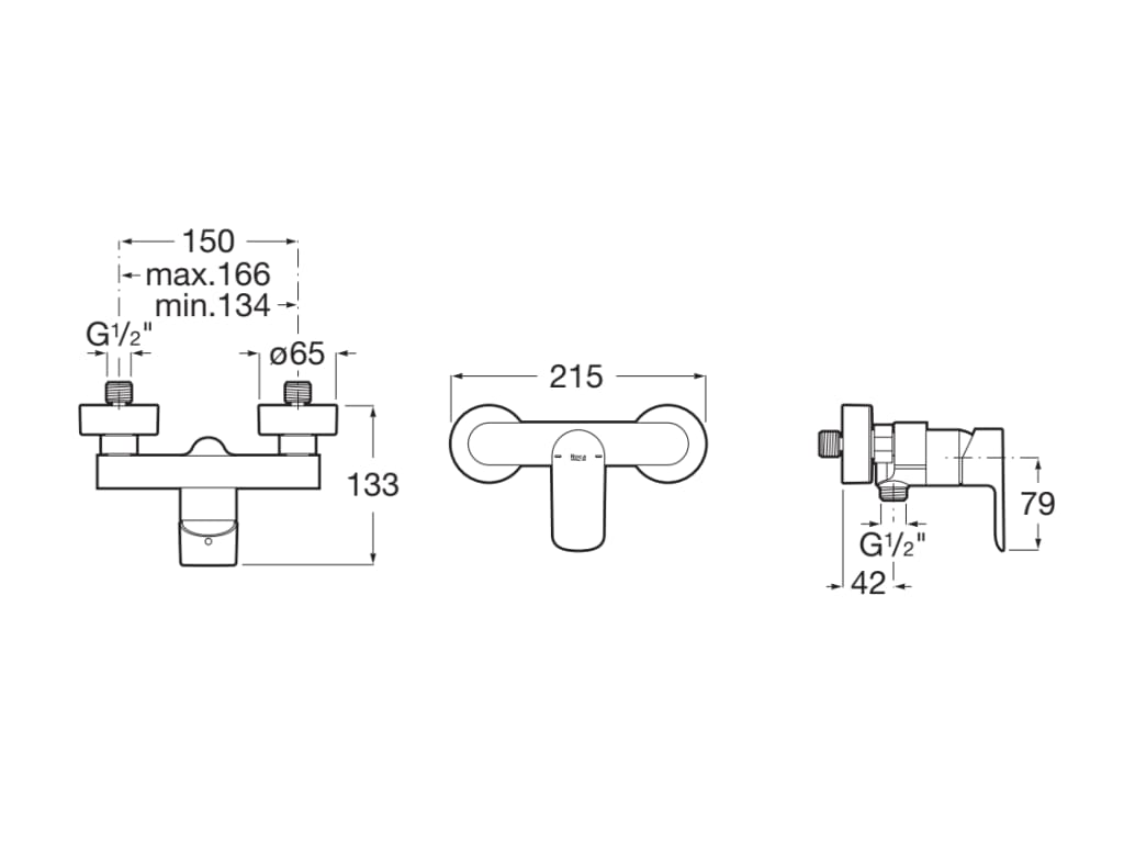 Roca Cala Matt Black стенен смесител за душ - черен мат технически размери диаграма за онлайн магазин KERANOVA