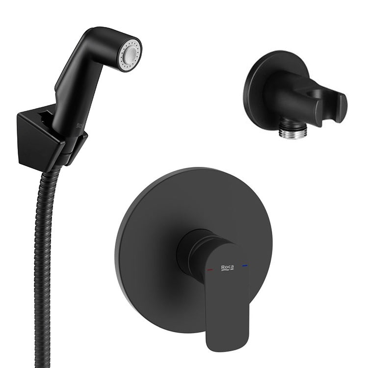 Roca Cala Matt Black хигиенен комплект за вграждане - черен мат, едноръкохватков вграден смесител и хигиенен душ за тоалетна KERANOVA