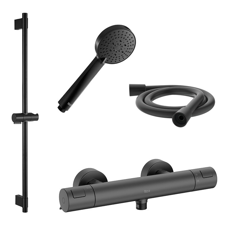 Roca T-500 Matt Black термостатичен смесител за душ - черен мат стенен комплект с 3-функционална слушалка, тръбно окачване и маркуч - KERANOVA