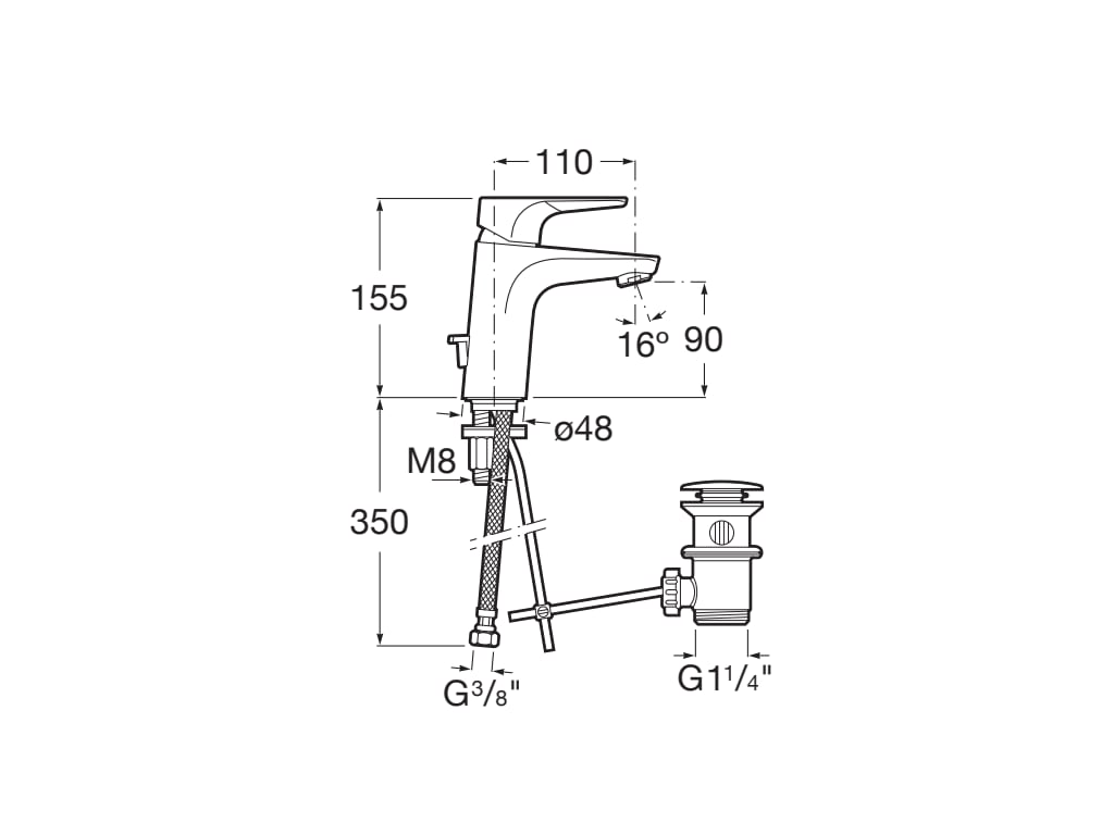 Roca Atlas Смесител за мивка с изпразнител - технически чертеж с размери и монтаж, хром, автоматичен изпразнител, KERANOVA
