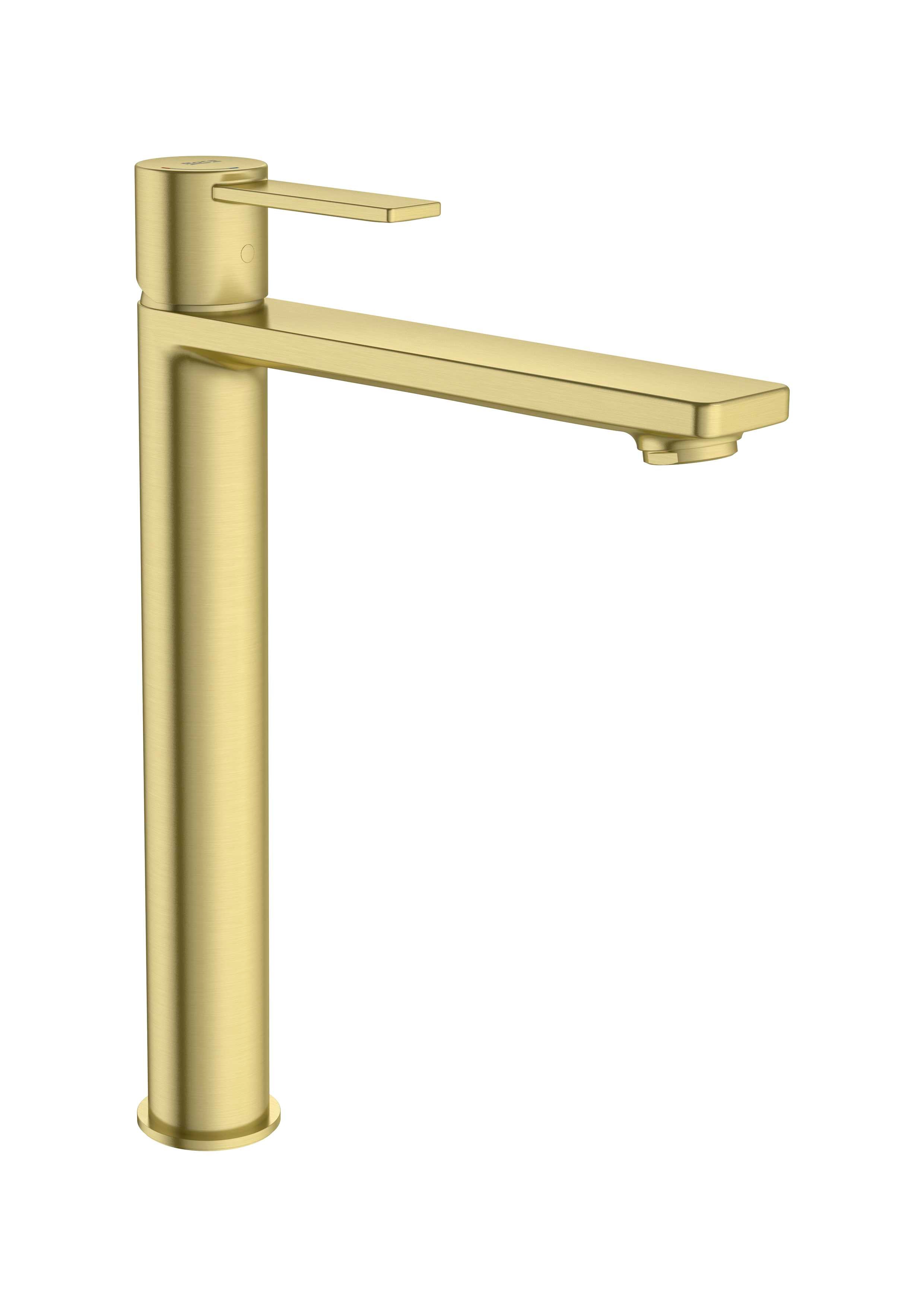 Alt Tag: Roca Targa Brushed Brass висок смесител за мивка - драскан месинг за умивалник, висока база, brushed brass | KERANOVA