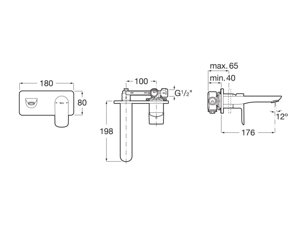 Roca Cala Matt Black - черен мат стенен смесител за умивалник с размери и монтажни схеми, онлайн магазин KERANOVA