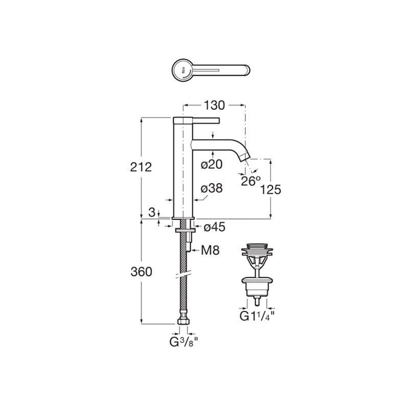 Roca Ona Cold Start - черен мат смесител за мивка с размери и технически схеми, онлайн магазин KERANOVA