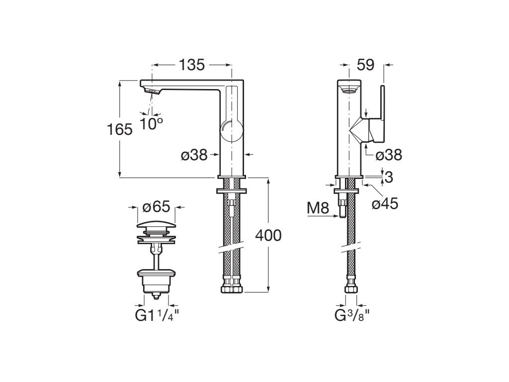 Roca Targa Brushed Brass смесител за мивка - драскан месинг, технически чертеж с размери, ClickClack, гъвкави връзки, изглед за монтаж
