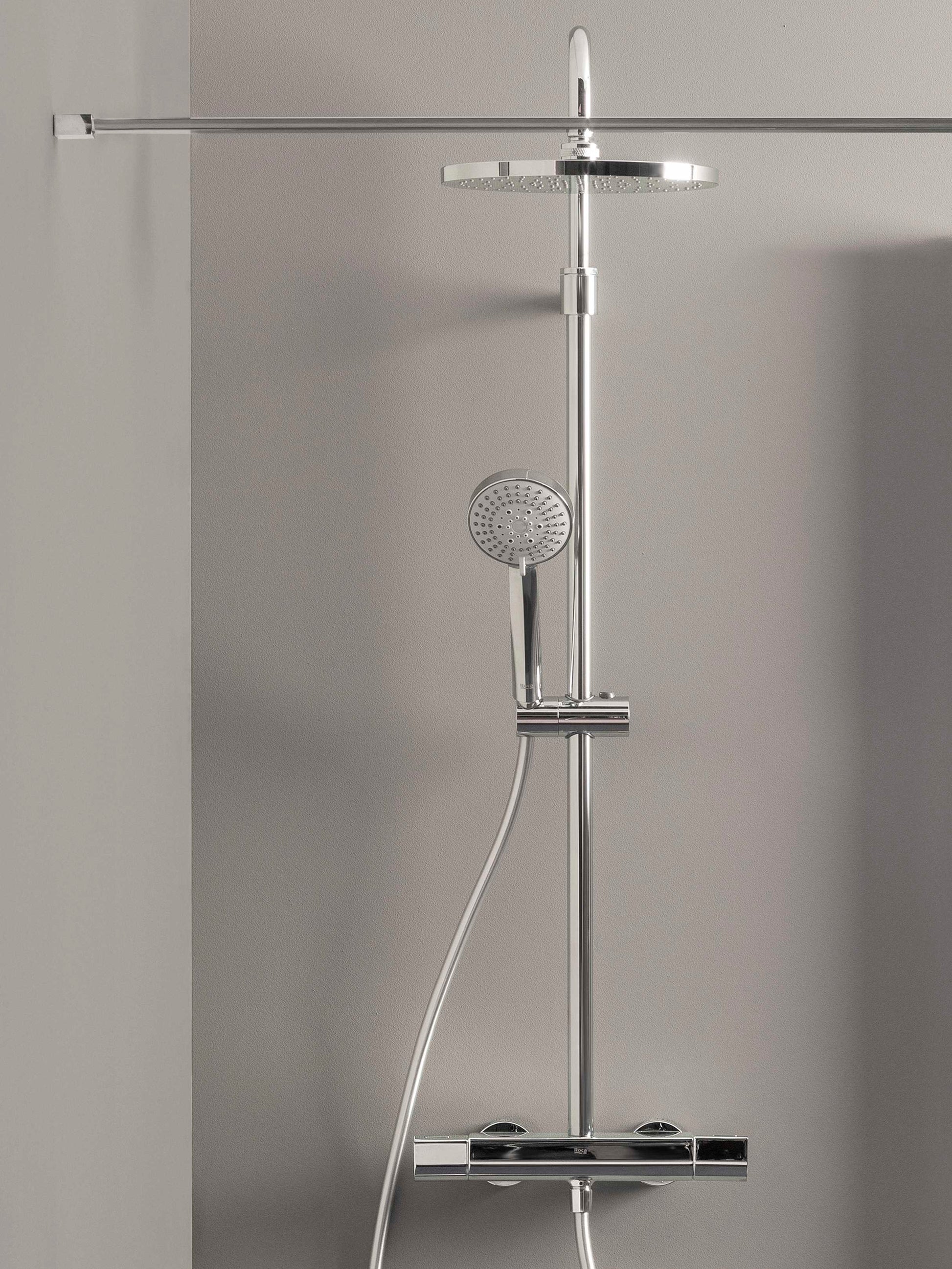 Alt Tag: Roca Even-T Round душ колона с термостат и пита Ф25,4 см. хром, стенен комплект с душ слушалка и термостат - KERANOVA