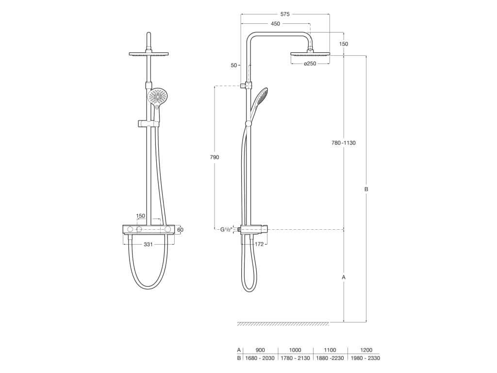Index-T Switch Roca колона с термостат и кръгла пита - технически чертеж и размери за душ колона, хром, стена монтаж | KERANOVA