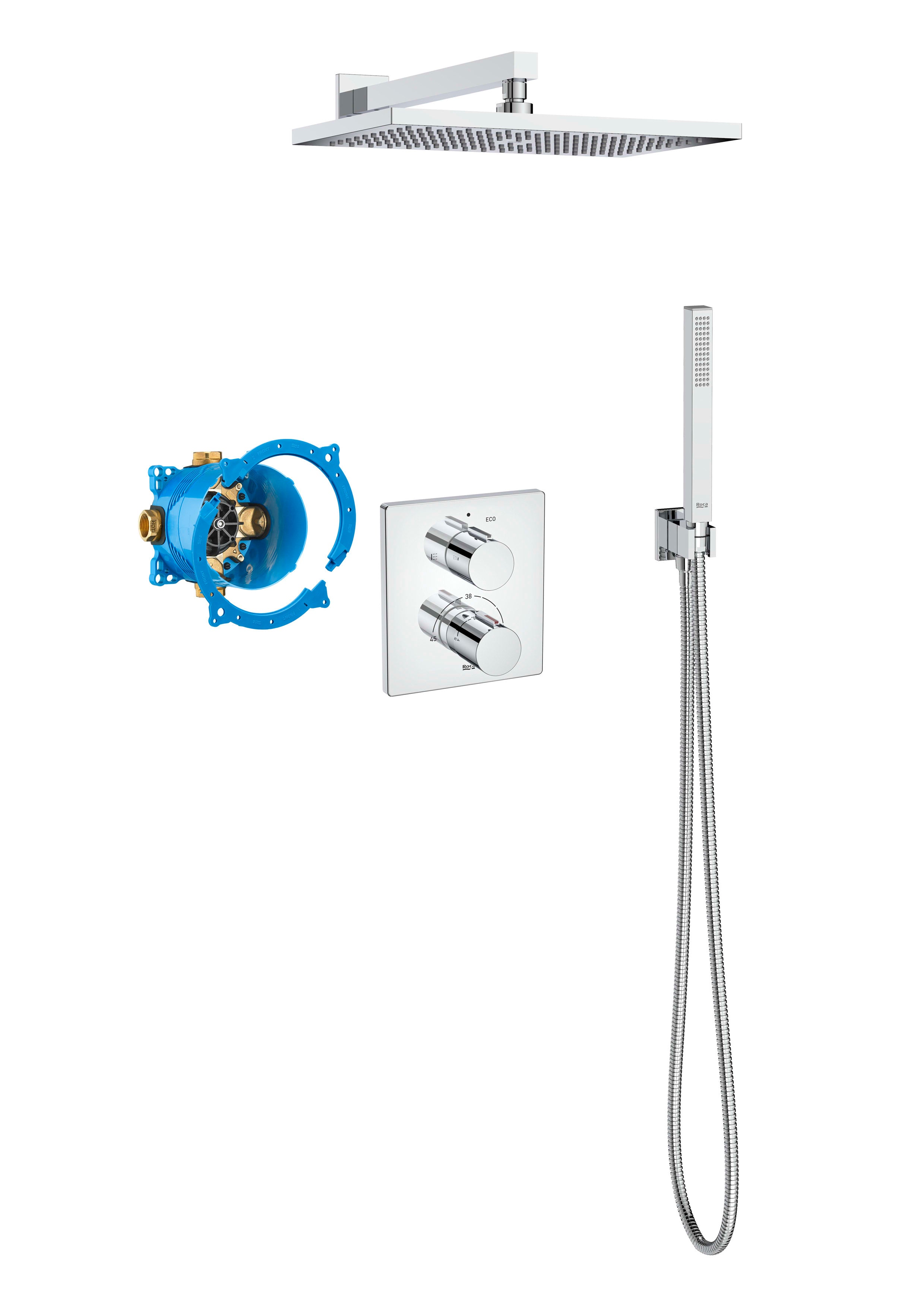 Roca T-2000 термостатичен душ комплект за вграждане - хромна душ система с термостатичен смесител, душ пита и ръчен душ, KERANOVA онлайн магазин