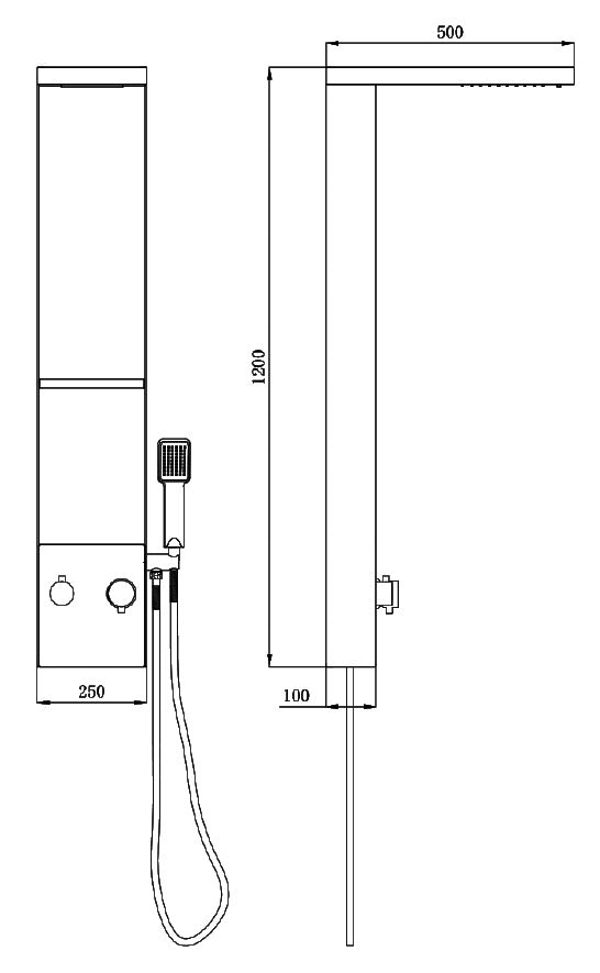 Душ панел в черно Thassos Matt Black - технически чертеж 120x25 см с ръчен душ, водопад и 3-пътен превключвател за KERANOVA