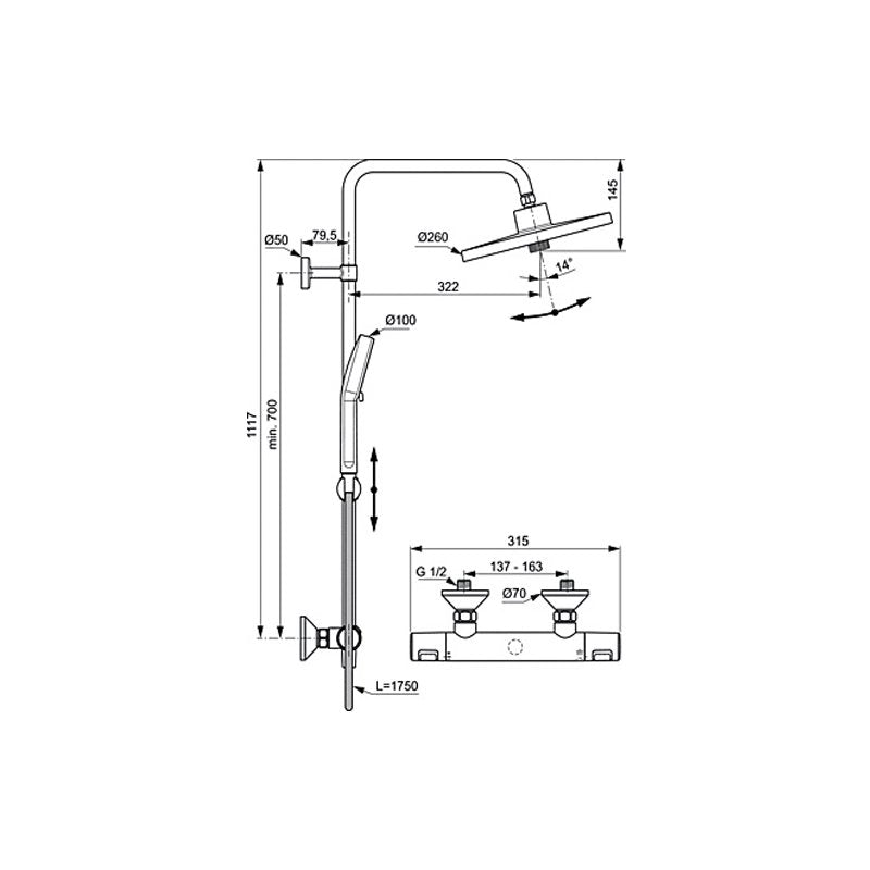 Термостатна душ колона Ceratherm T25+ - Ideal Standard технически схема с размери, душ пита Ø260, ръкохватки, регулиране KERANOVA