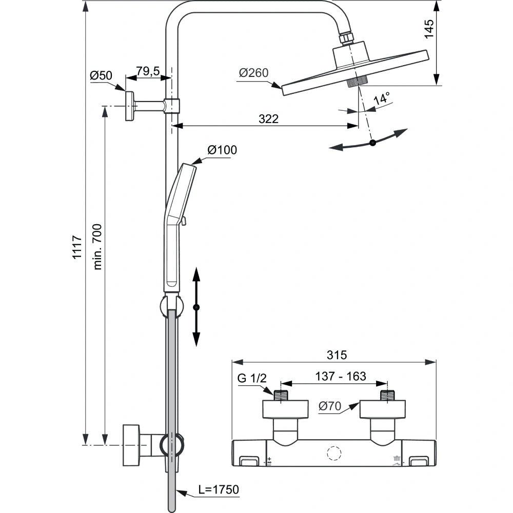 Термостатна душ колона Ceratherm T25+ Silk Black - Ideal Standard технически чертеж с размери за монтаж, S-холендри, душ пита Ø260 и ръчен душ
